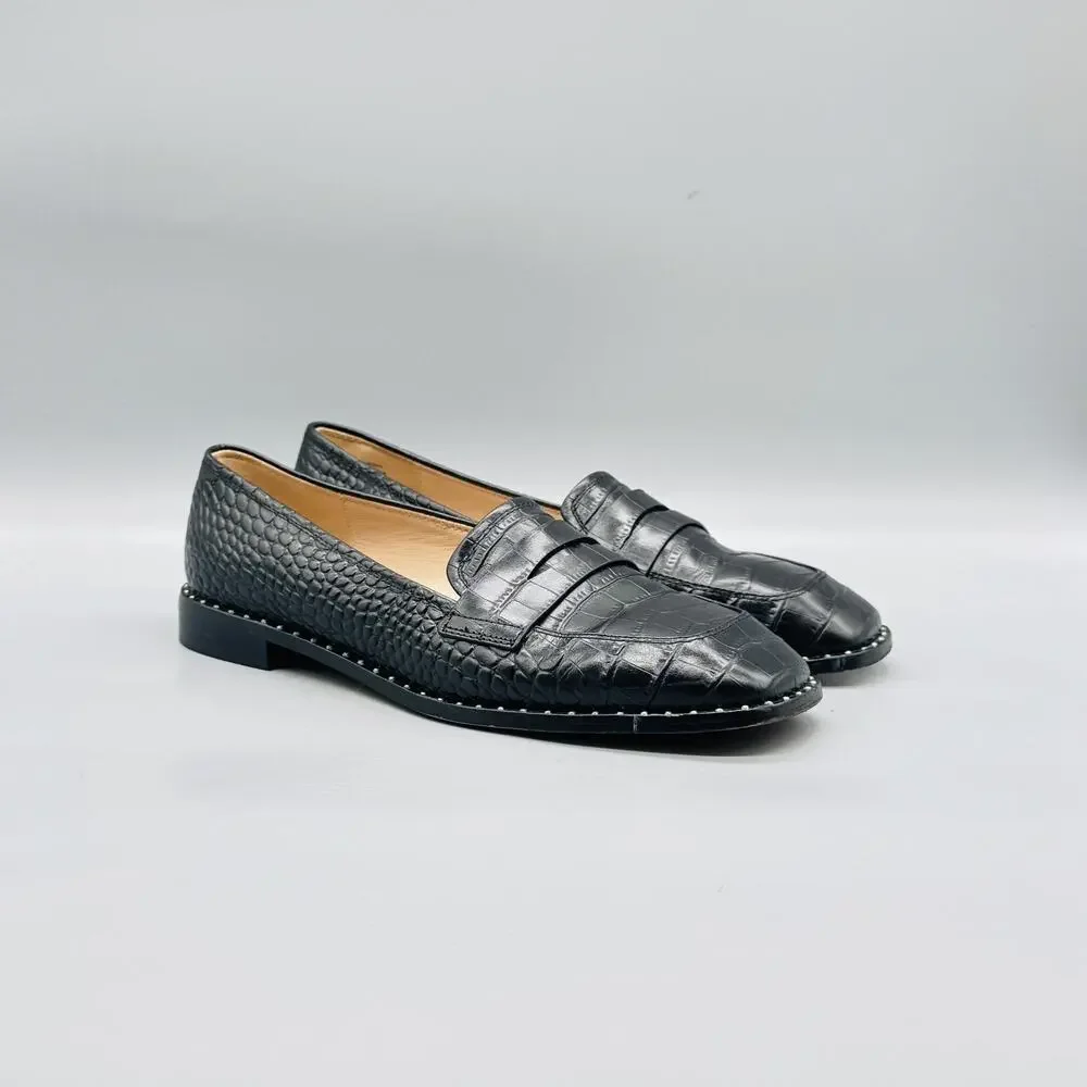 Something Navy Shoes Womens 9 Black Leather Penny Loafer Flats Croc Embossed
